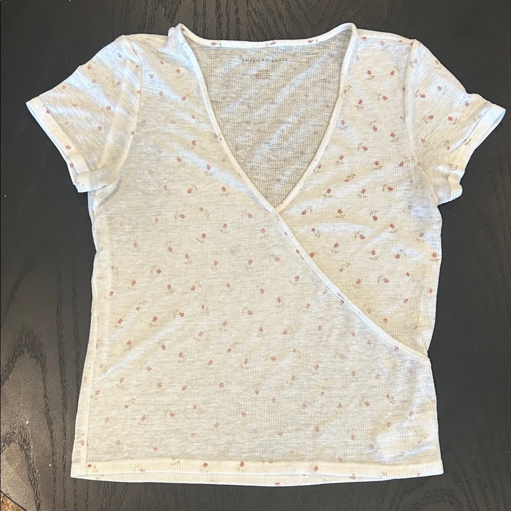 American Eagle Outfitters White and Pink floral Short Sleeve Wrap Top